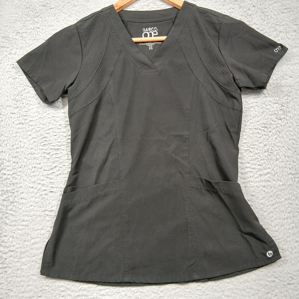 Barco One Scrub Top Women's XS Black V-Neck Stretch 2‎ Pocket Medical Uniform